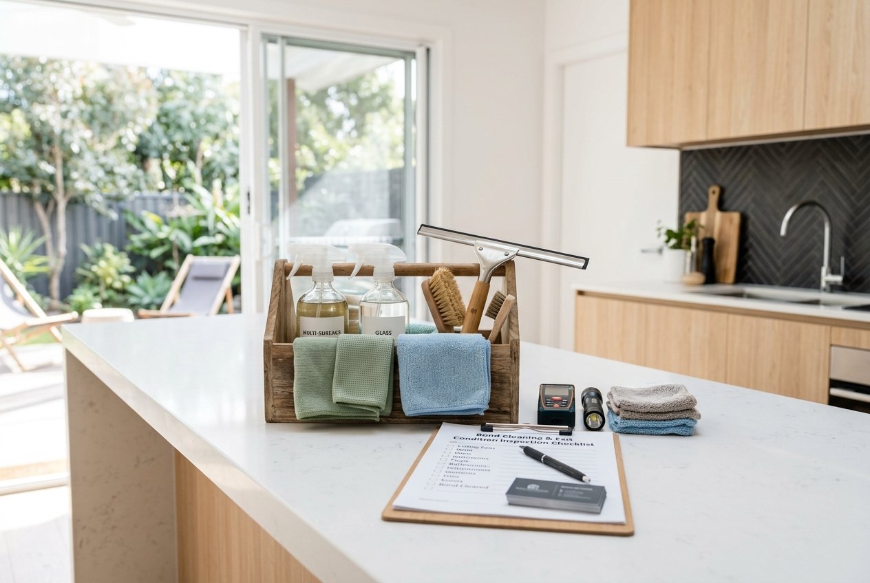 Professional Australian bond cleaning supplies, inspection checklist and equipment on island bench