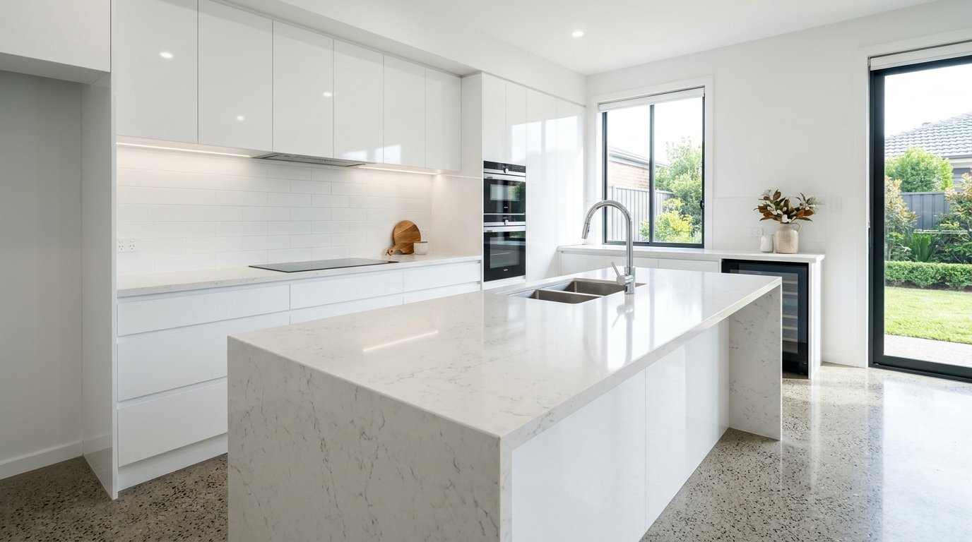 Pristine kitchen island benchtop and clean cabinetry