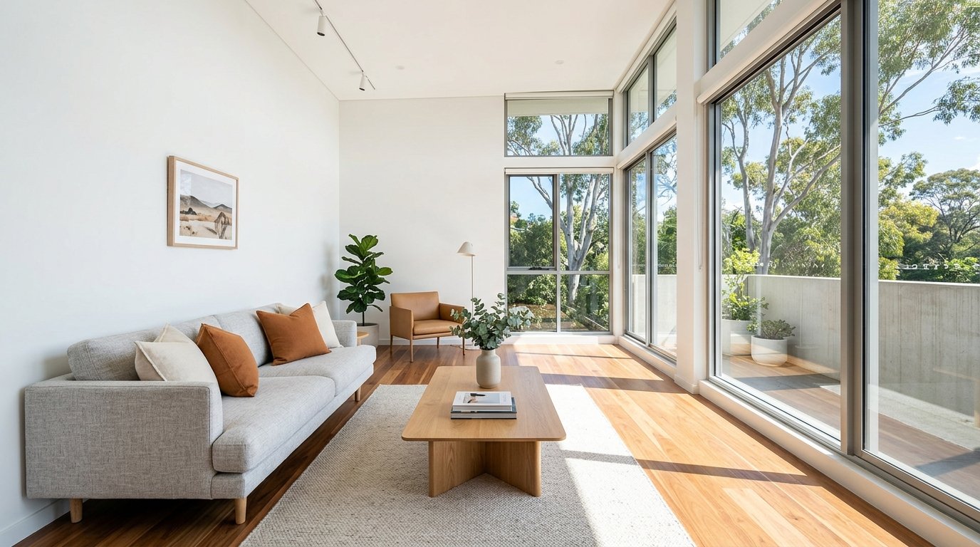 Sunlit, pristine Australian residential interior with timber floors prepared for tenancy handover
